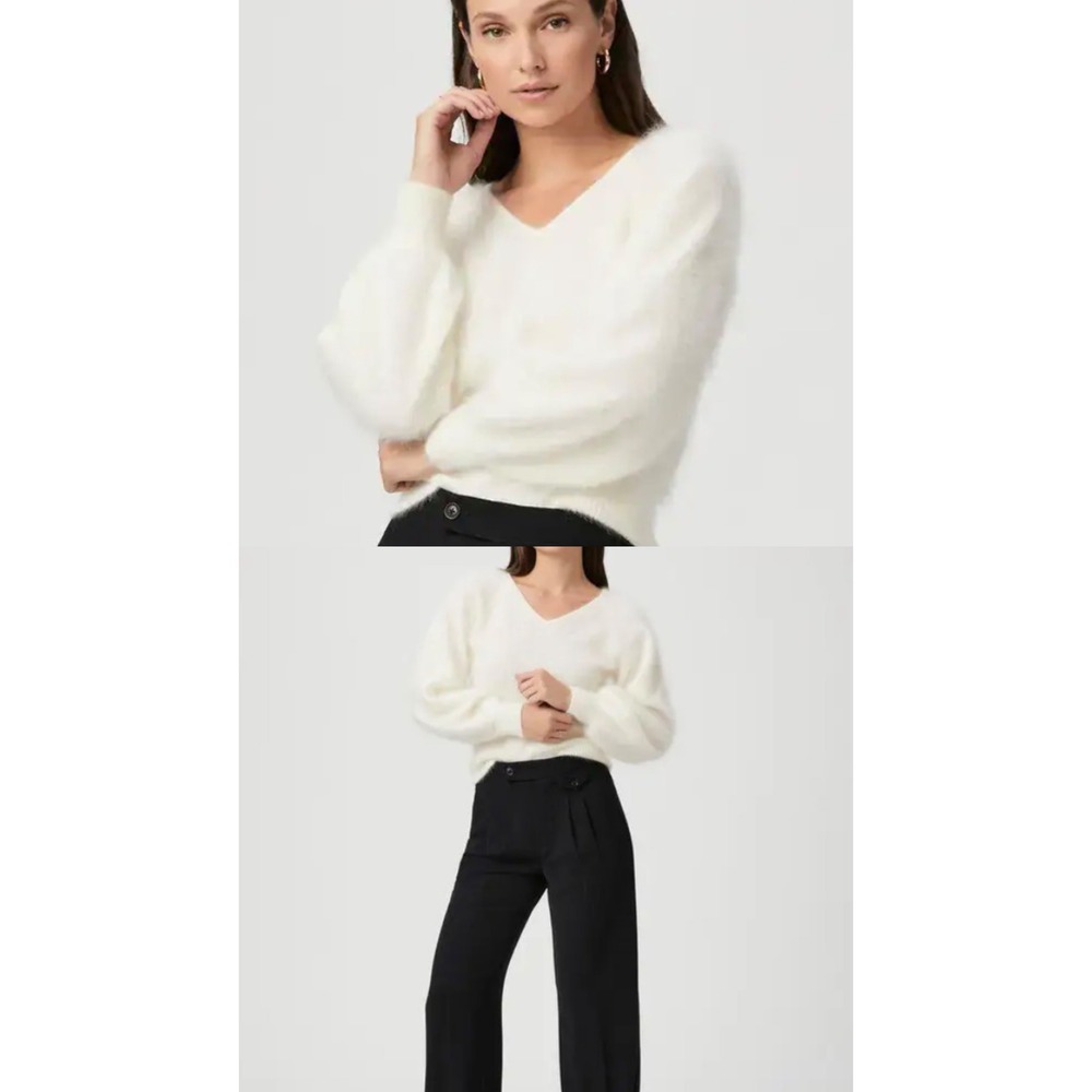 PAIGE Women White 100% Cashmere Fuzzy V-Neck Balloon Sleeve Sweater Size S